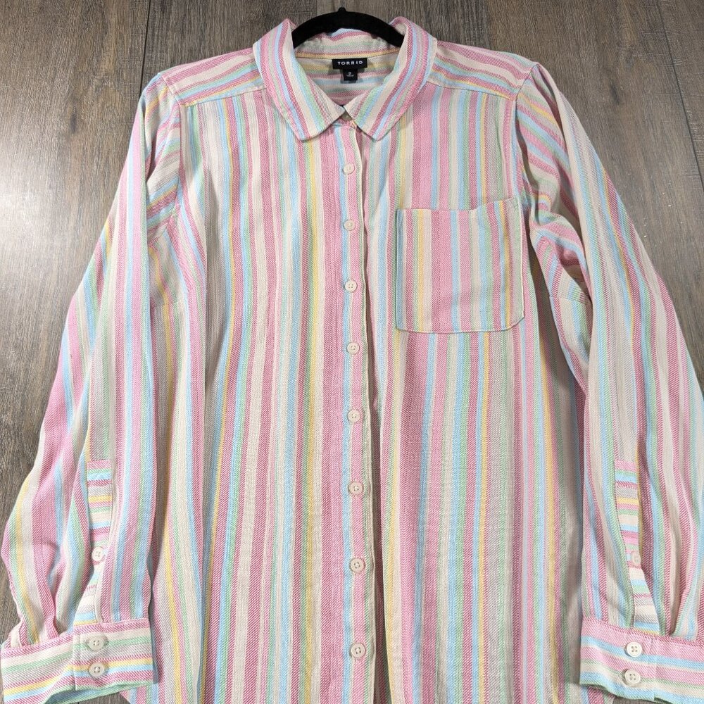 Torrid Tunic Top Womens 2X Multicolor Striped Button Up Long Sleeve Retro BOHO